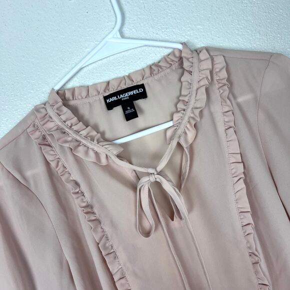 Karl Lagerfeld Paris Blush Pink Ruffle Tie Neck Blouse Bell Sleeve Top Blouse S - Picture 3 of 5